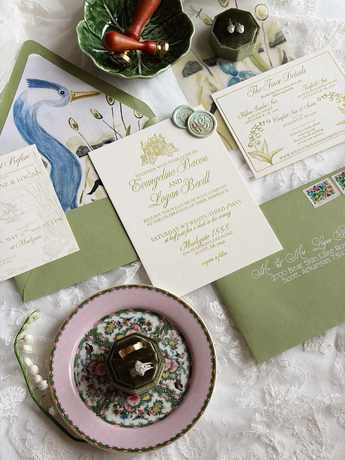 Wedding invitations and illustrated stationery with vintage china